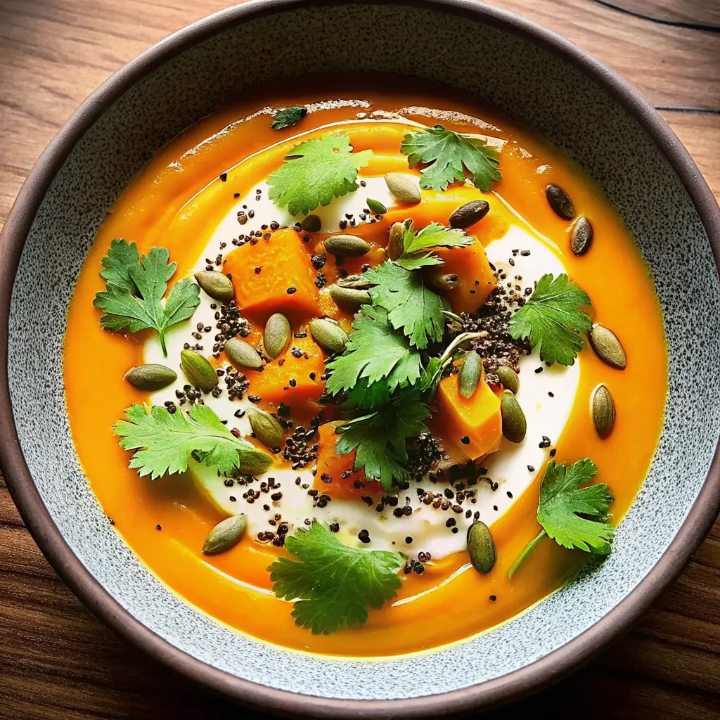 Pumpkin and Sweet Potato Soup topped with pepitas and herbs