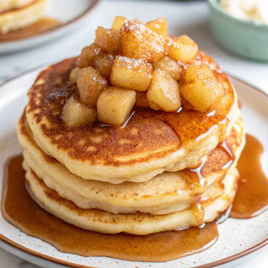 Pancakes with Caramel Apple Compote stacked high and topped with warm cinnamon caramel apples.