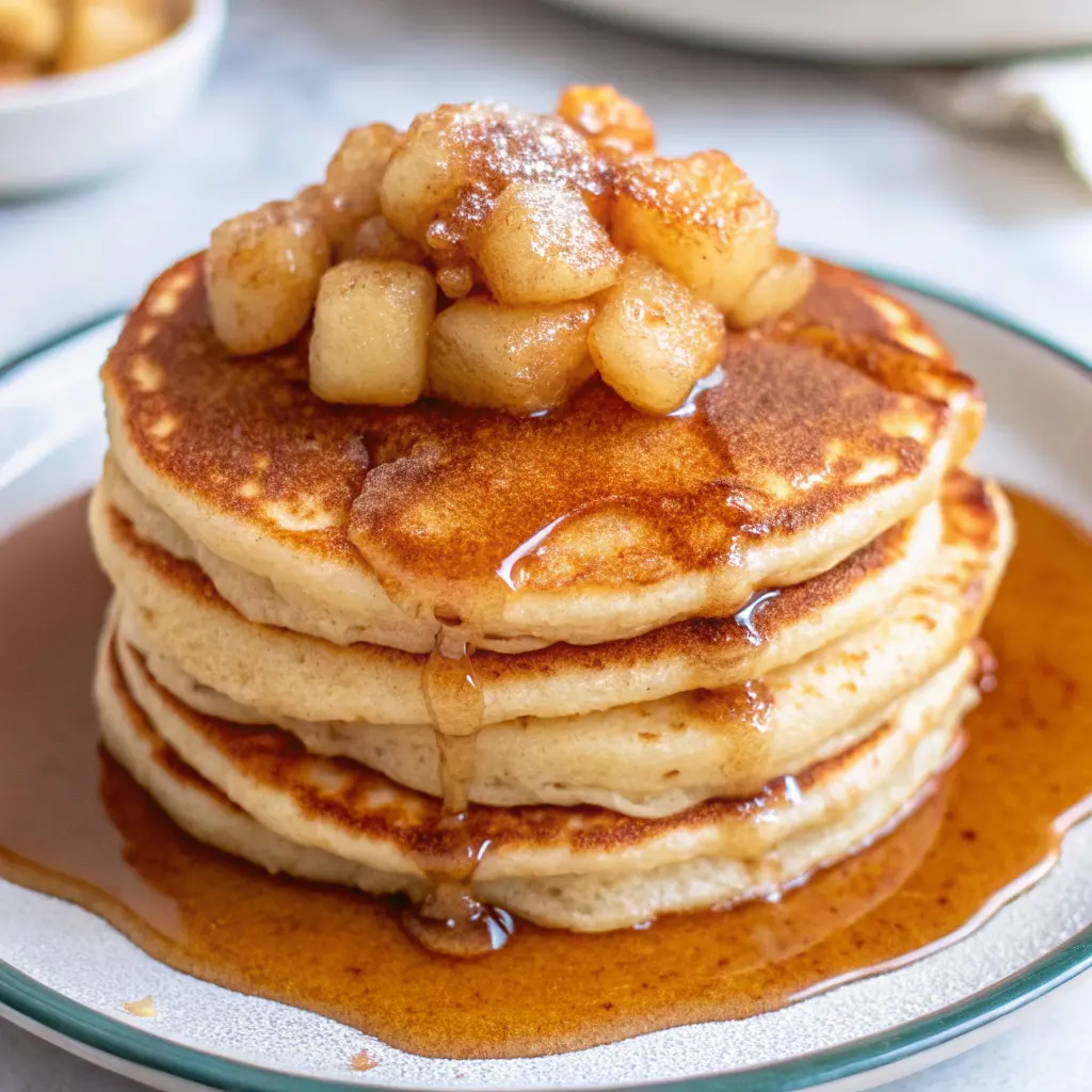 Pancakes with Caramel Apple Compote stacked high and topped with warm cinnamon caramel apples.
