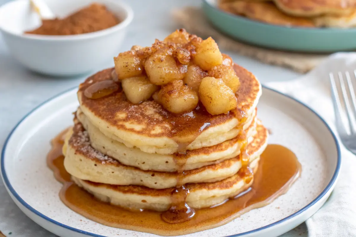 Pancakes with Caramel Apple Compote stacked high and topped with warm cinnamon caramel apples.