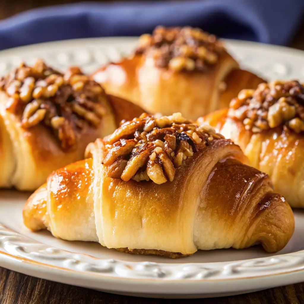 Golden pecan pie crescent rolls with glossy pecan filling on a parchment-lined tray