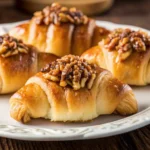 Golden pecan pie crescent rolls with glossy pecan filling on a parchment-lined tray