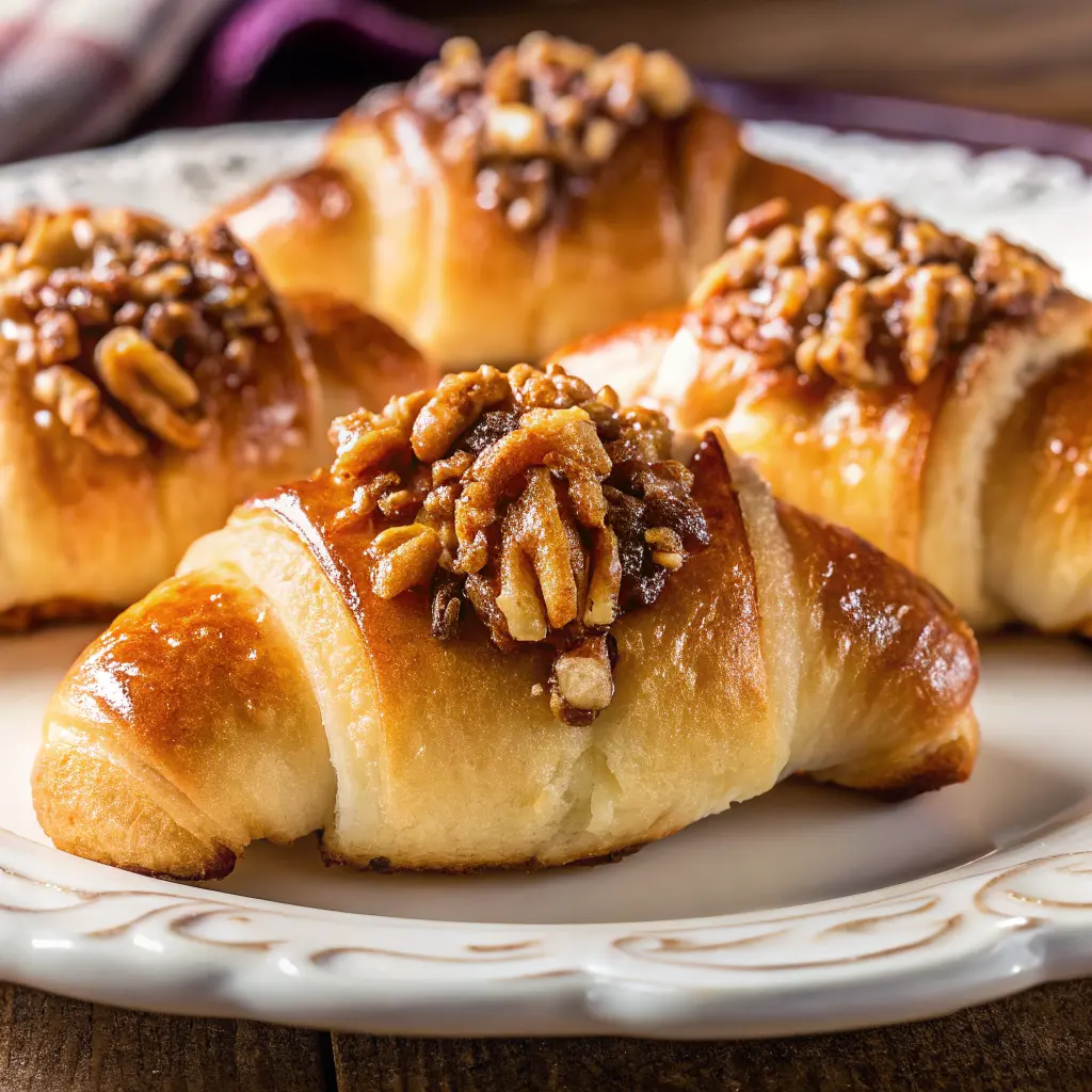 Golden pecan pie crescent rolls with glossy pecan filling on a parchment-lined tray