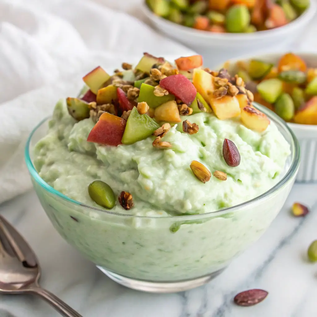 Pistachio Fluff Salad recipe in a glass serving bowl