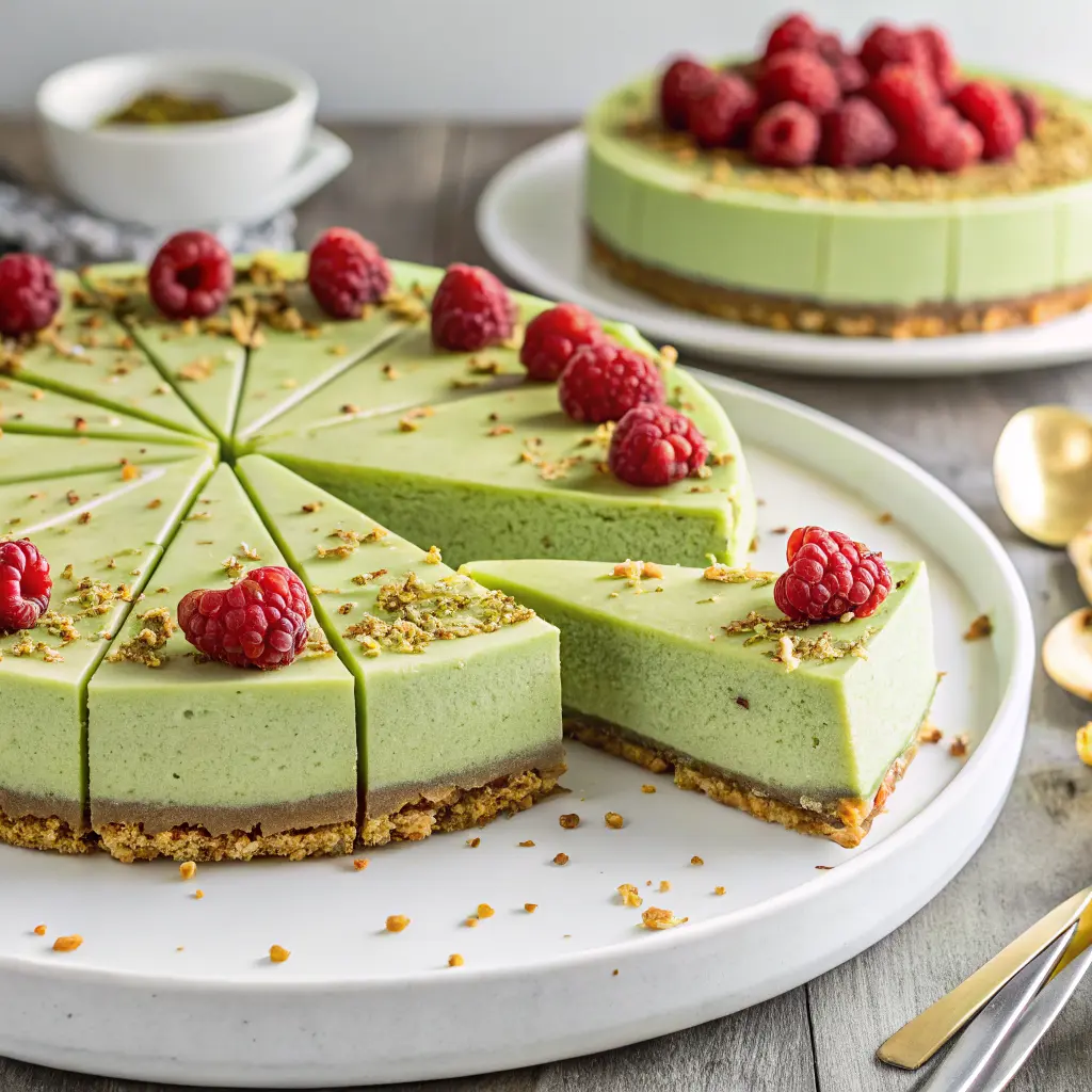Pistachio Raspberry Crunch Cheesecake Recipe slice with raspberries and pistachios on top