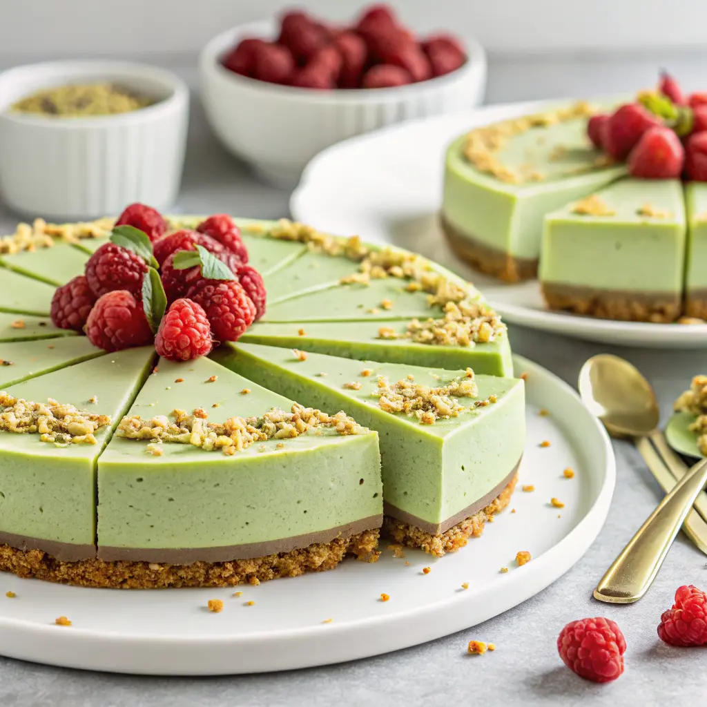 Pistachio Raspberry Crunch Cheesecake Recipe slice with raspberries and pistachios on top