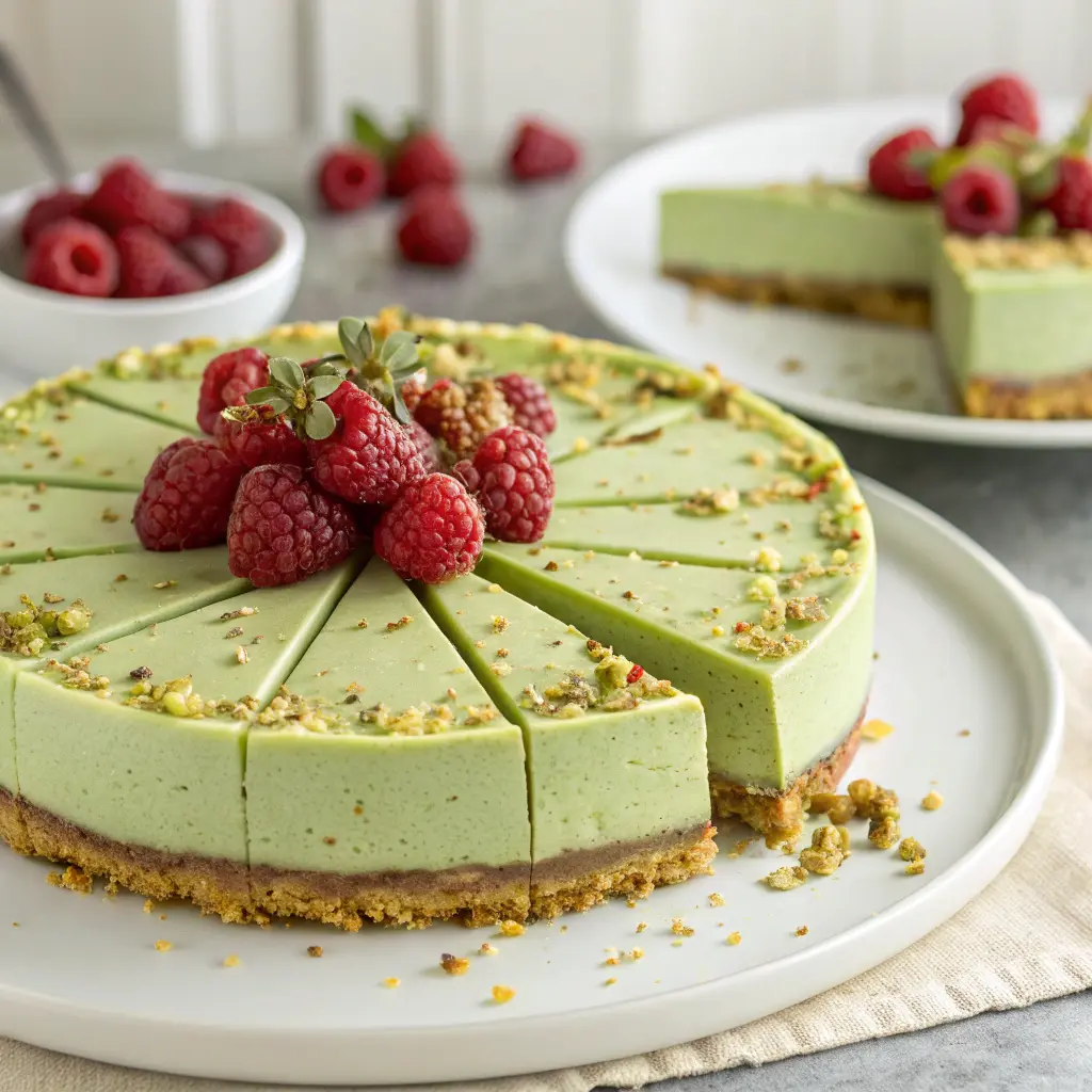 Pistachio Raspberry Crunch Cheesecake Recipe slice with raspberries and pistachios on top