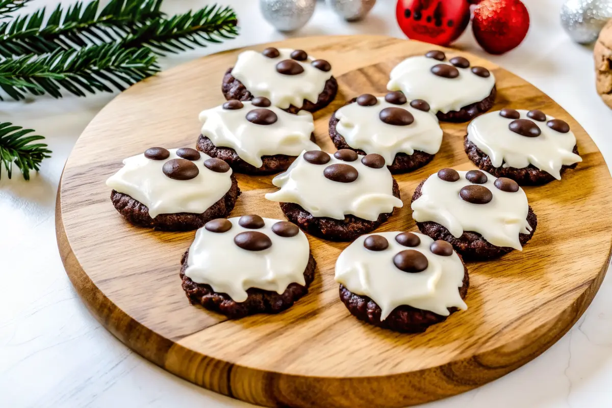 Polar Bear Paw Cookies arranged on a snowy white winter dessert tray