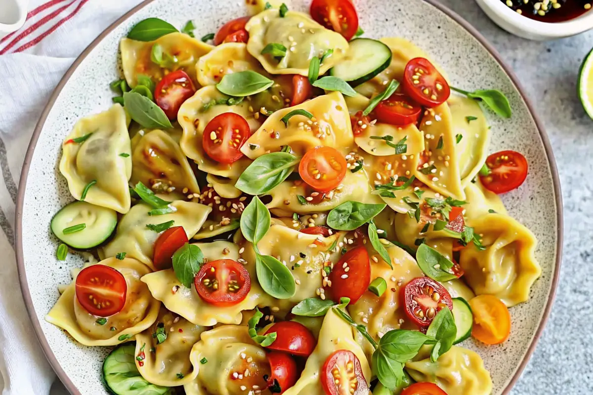 Colorful potsticker salad Recipe with crispy dumplings and sesame ginger dressing