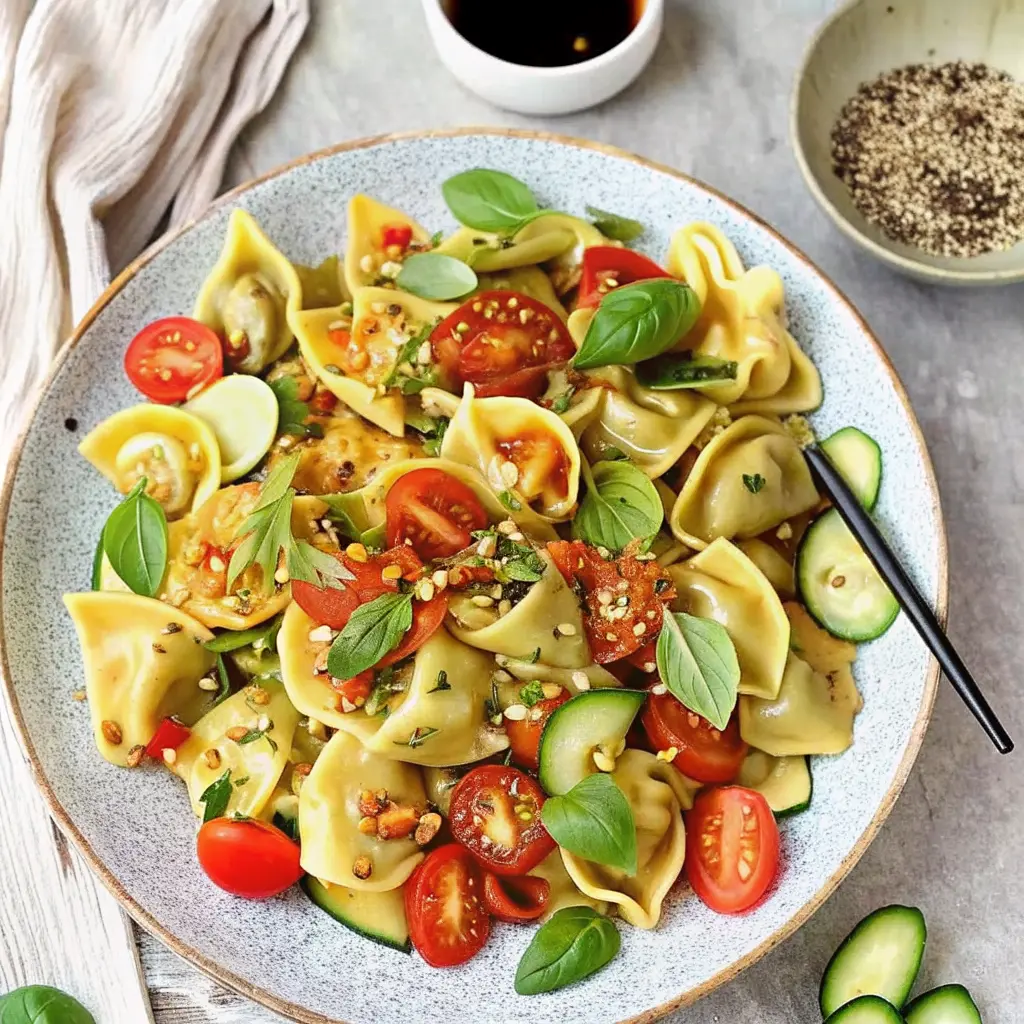 Colorful Potsticker Salad Recipe with crispy dumplings and sesame ginger dressing