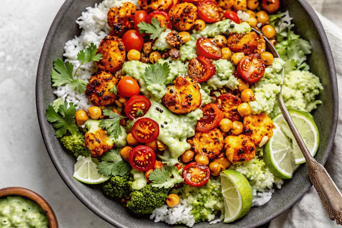 Roasted cauliflower shawarma bowls with chickpeas, fresh veggies and tahini drizzle