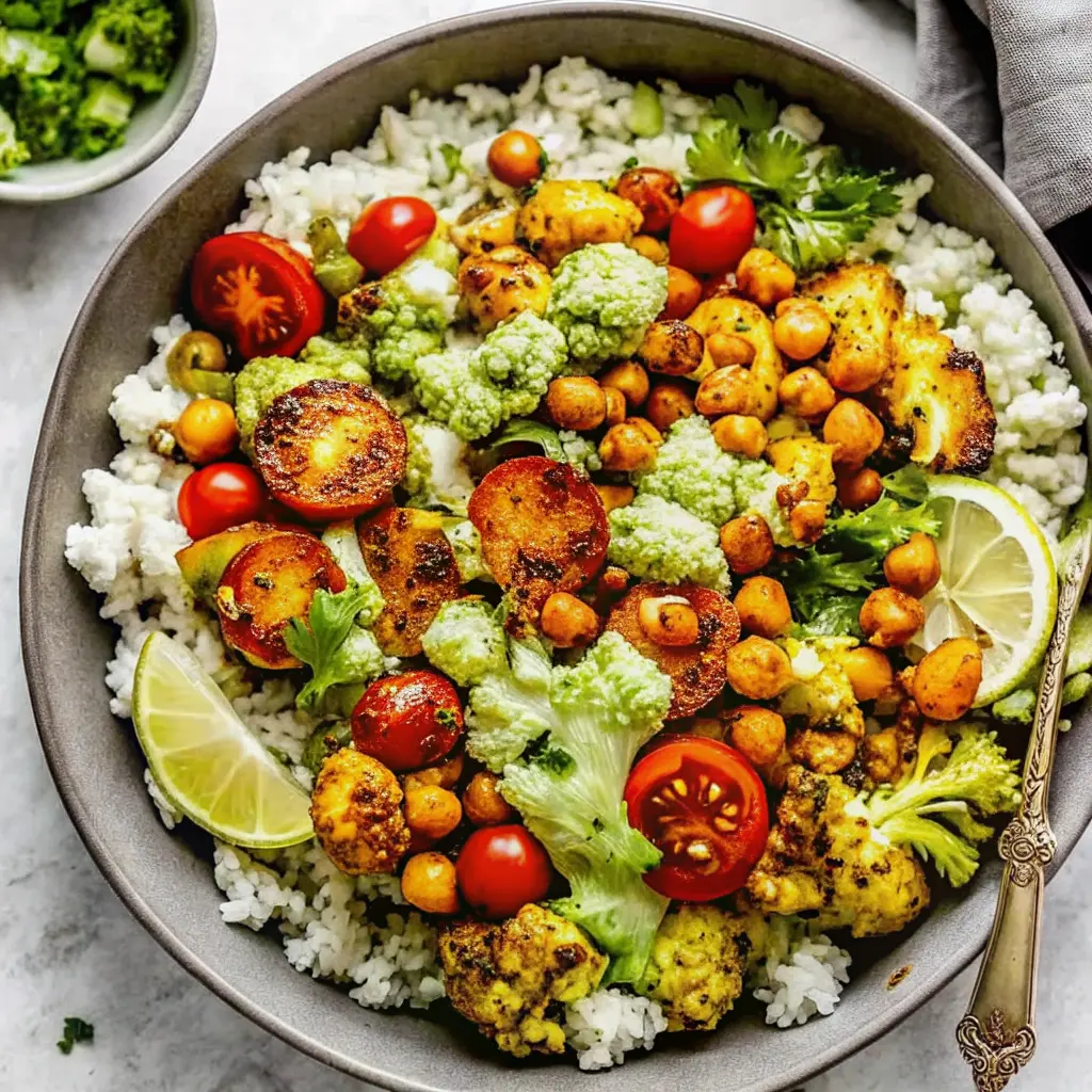 Roasted cauliflower shawarma bowls with chickpeas, fresh veggies and tahini drizzle
