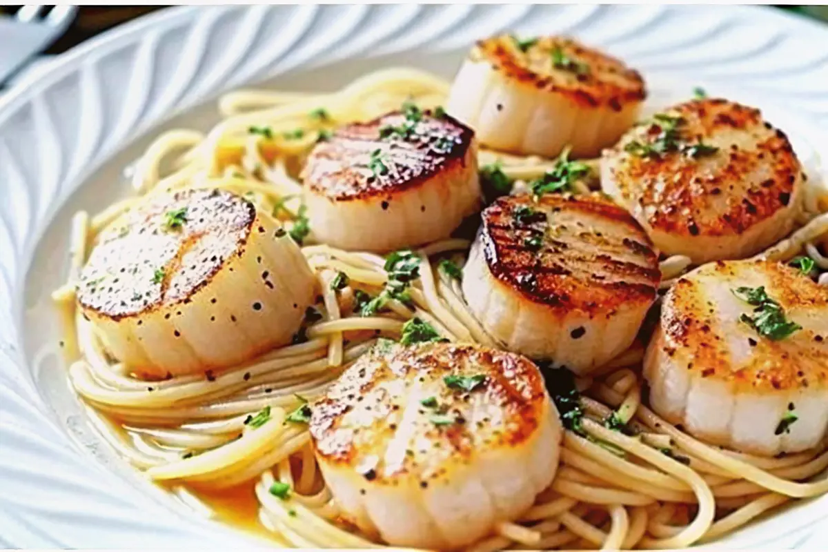 Golden seared sea scallops over silky angel hair pasta Sea Scallops with Angel Hair Pasta