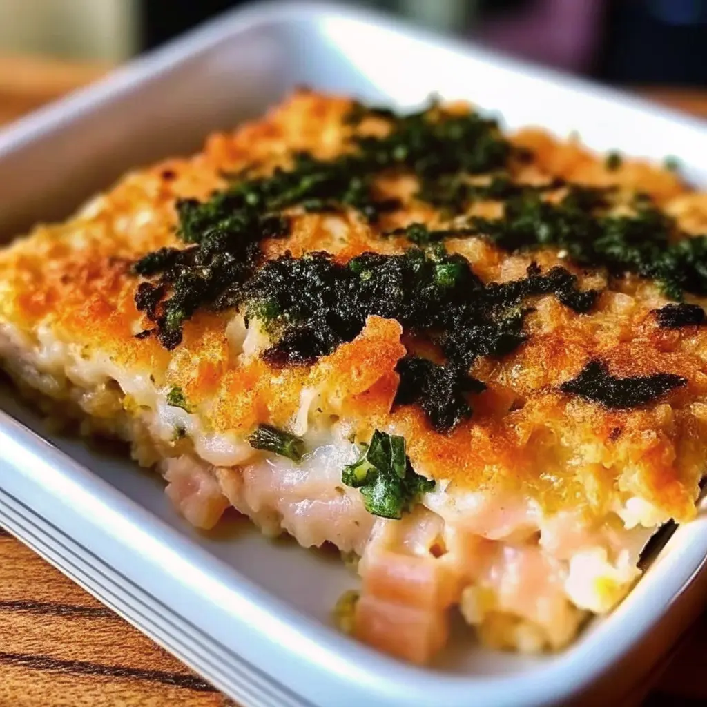 Spicy tuna creamy crab bake in a pan topped with furikake and green onions
