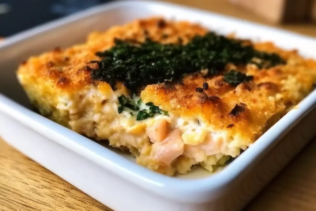Spicy tuna creamy crab bake in a pan topped with furikake and green onions