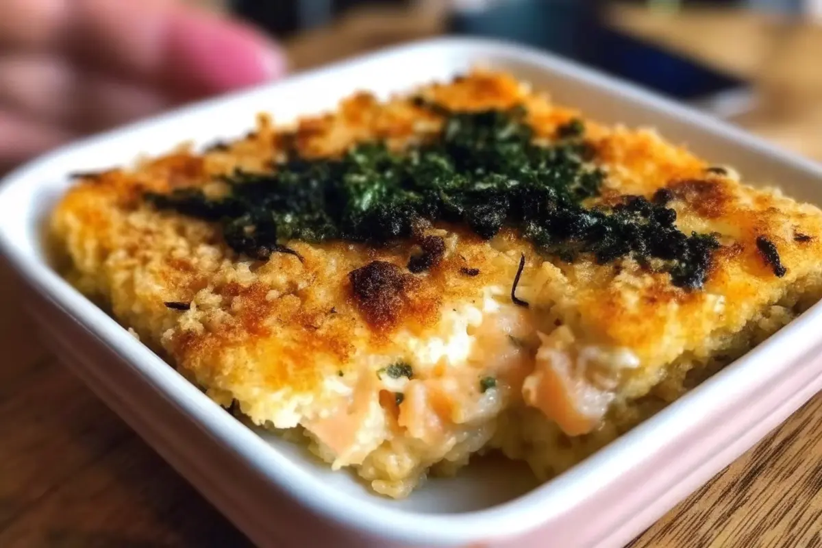 Spicy tuna creamy crab bake in a pan topped with furikake and green onions
