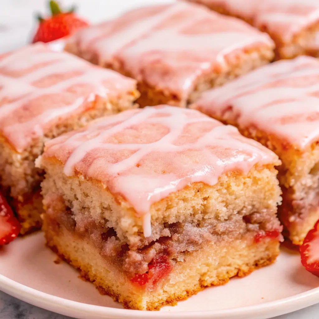 Strawberry honeybun cake Recipe with cinnamon swirl and pink strawberry glaze in a 9x13 pan