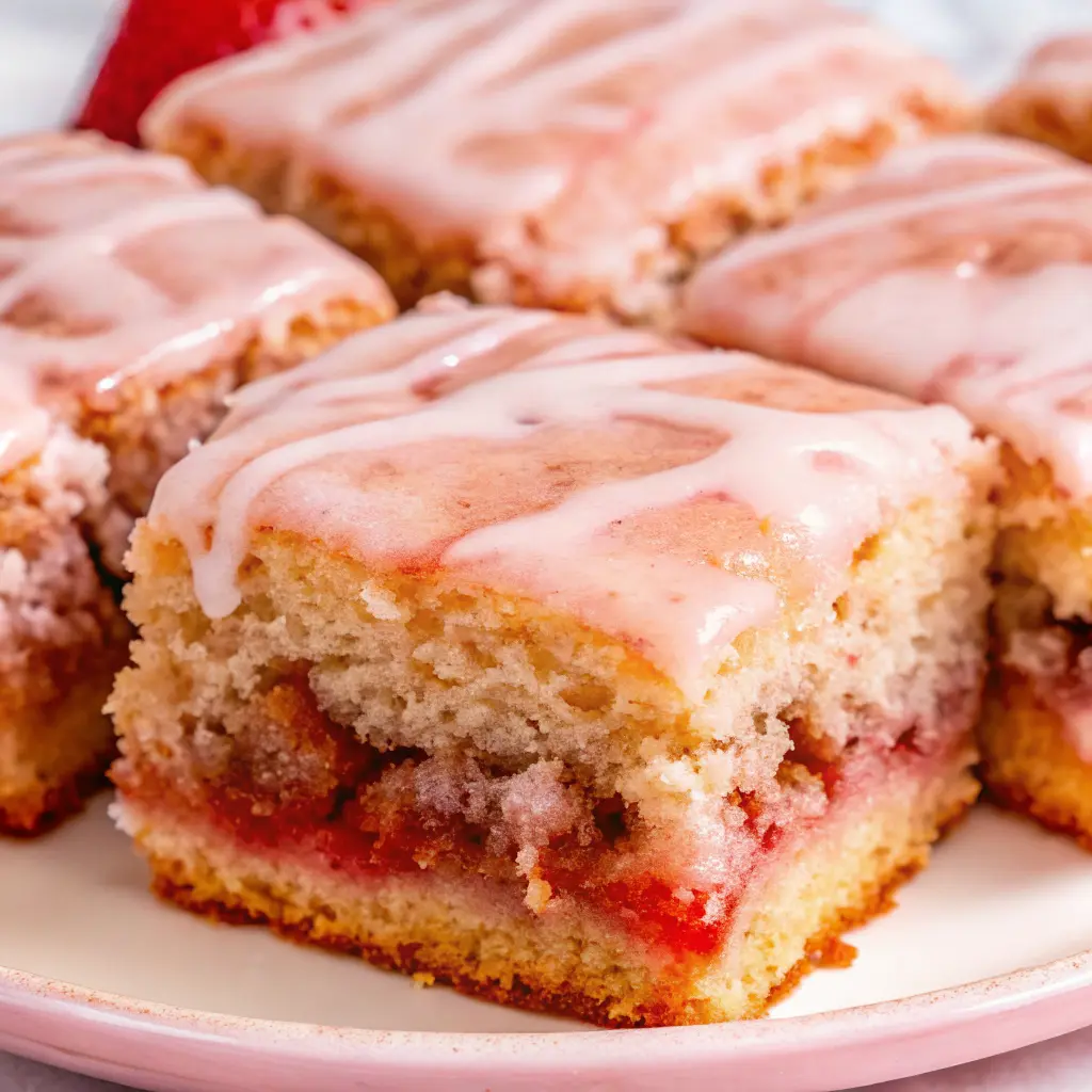 Strawberry Honeybun Cake Recipe with cinnamon swirl and pink strawberry glaze in a 9x13 pan
