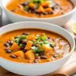 Sweet potato and black bean soup in a bowl with fresh toppings