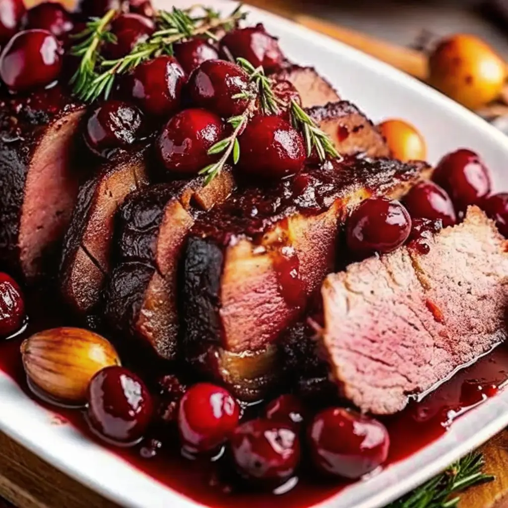 Tender Balsamic Cranberry Beef Roast Recipe sliced on a platter with glossy cranberry balsamic sauce