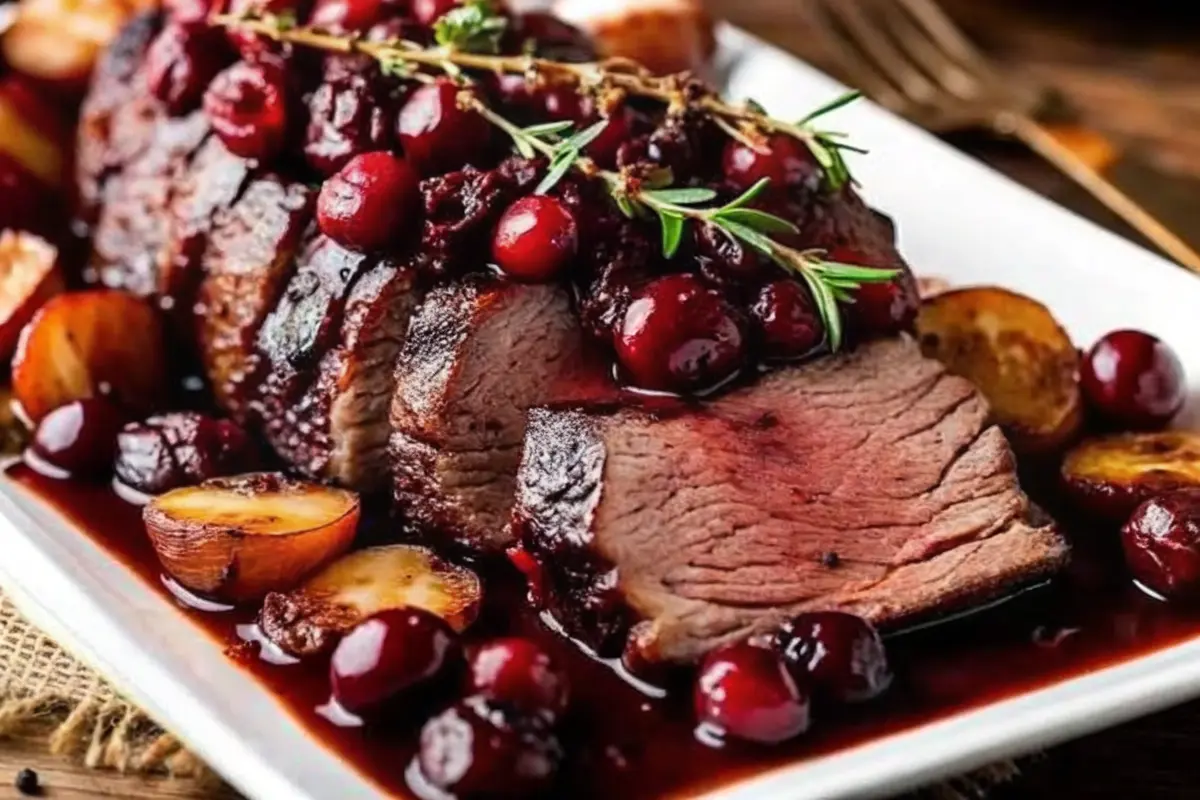 Tender balsamic cranberry beef roast recipe sliced on a platter with glossy cranberry balsamic sauce