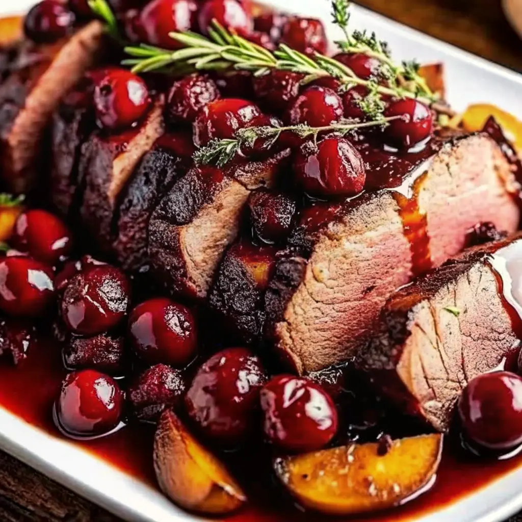 Tender Balsamic Cranberry Beef Roast Recipe sliced on a platter with glossy cranberry balsamic sauce