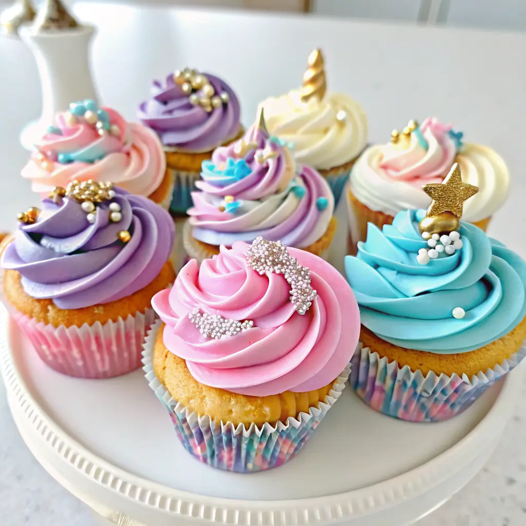 Unicorn Cupcakes Recipe with pastel rainbow frosting and unicorn toppers