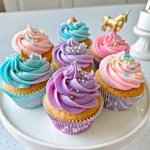 Unicorn Cupcakes Recipe with pastel rainbow frosting and unicorn toppers