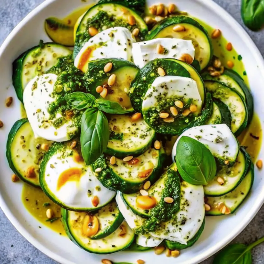 Fresh zucchini burrata and pesto salad on a platter