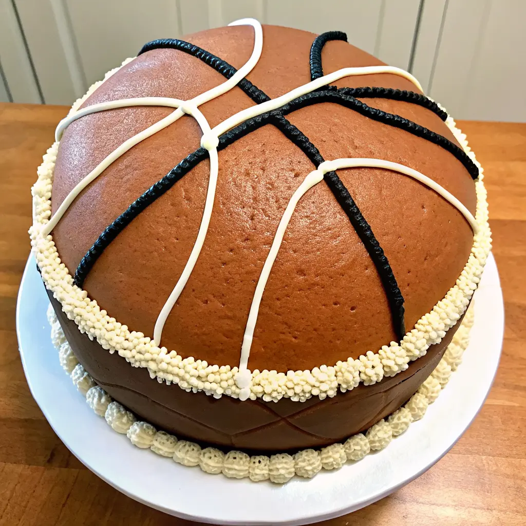 basketball cake recipe decorated with orange frosting and black lines
