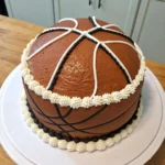 basketball cake recipe decorated with orange frosting and black lines