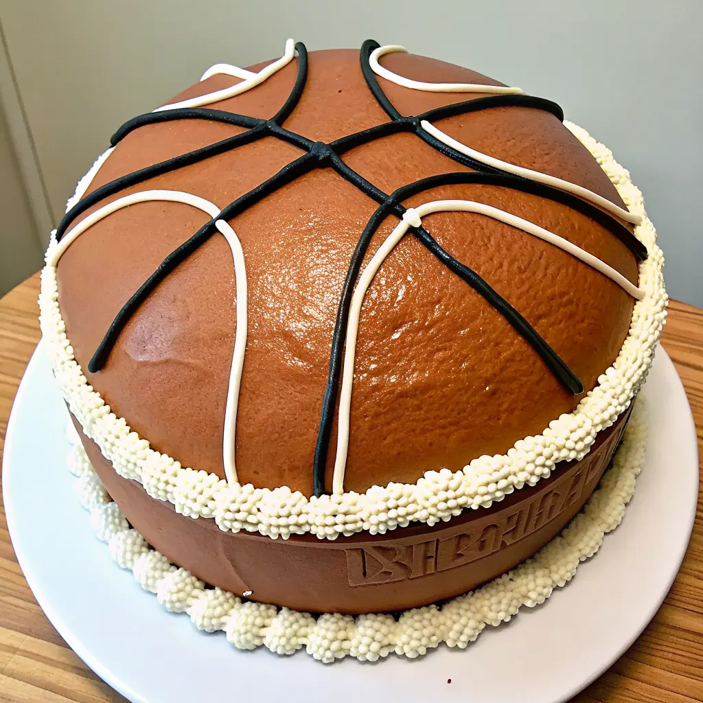 basketball cake recipe decorated with orange frosting and black lines