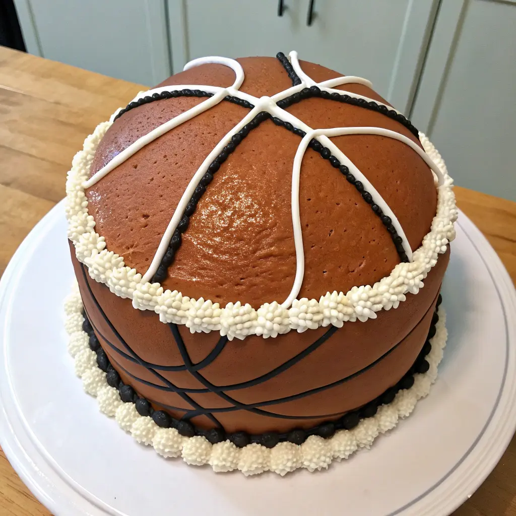 basketball cake recipe decorated with orange frosting and black lines
