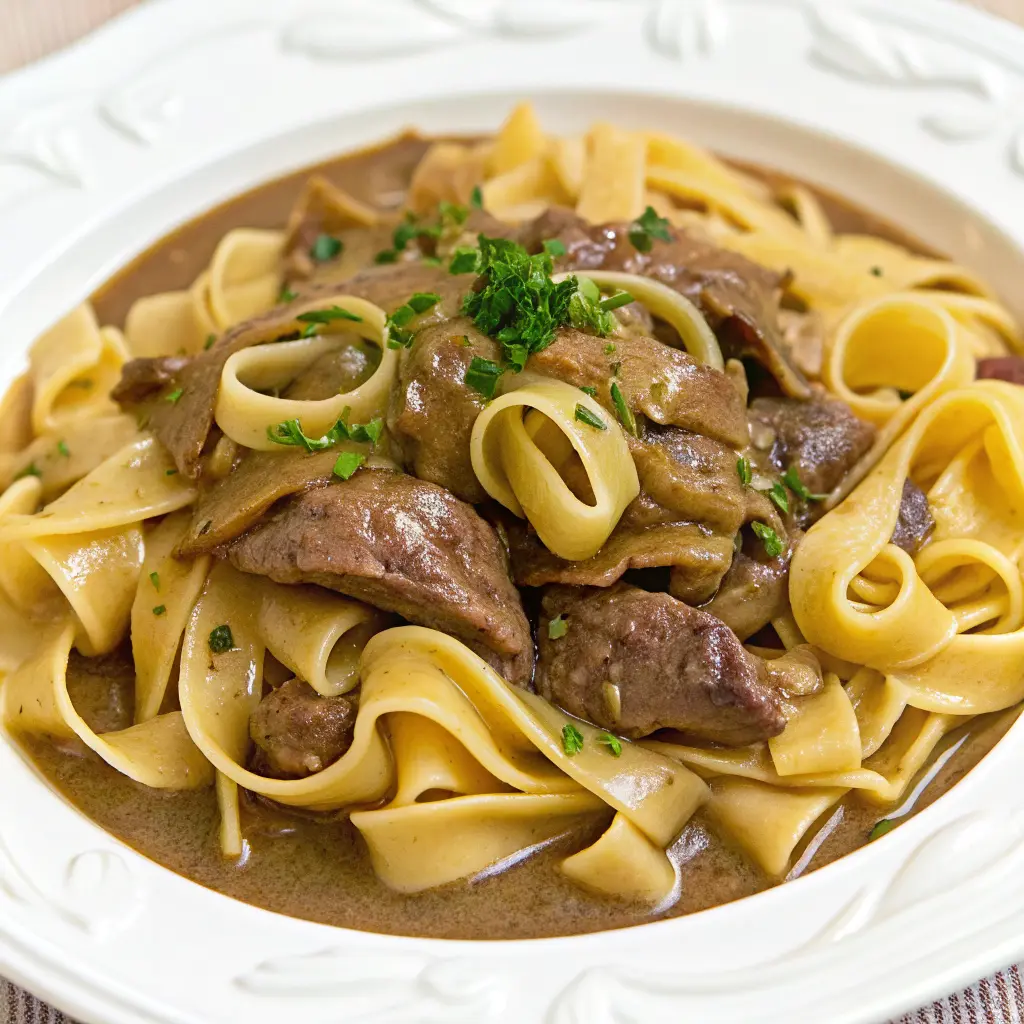 Skillet of beef stroganoff without cream soup served over egg noodles.