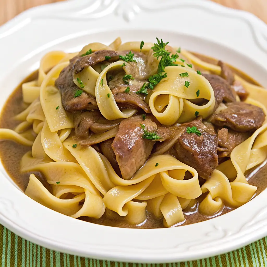 Skillet of beef stroganoff without cream soup served over egg noodles.