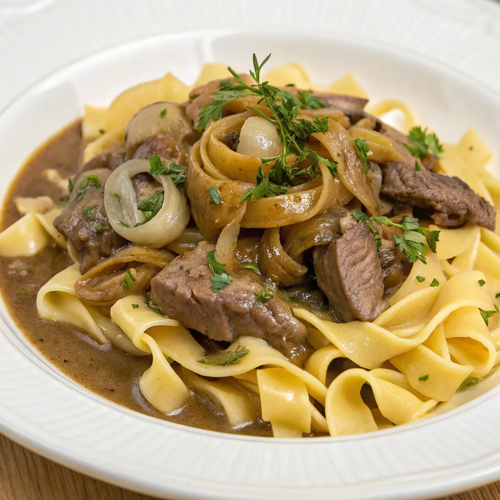 Skillet of beef stroganoff without cream soup served over egg noodles.