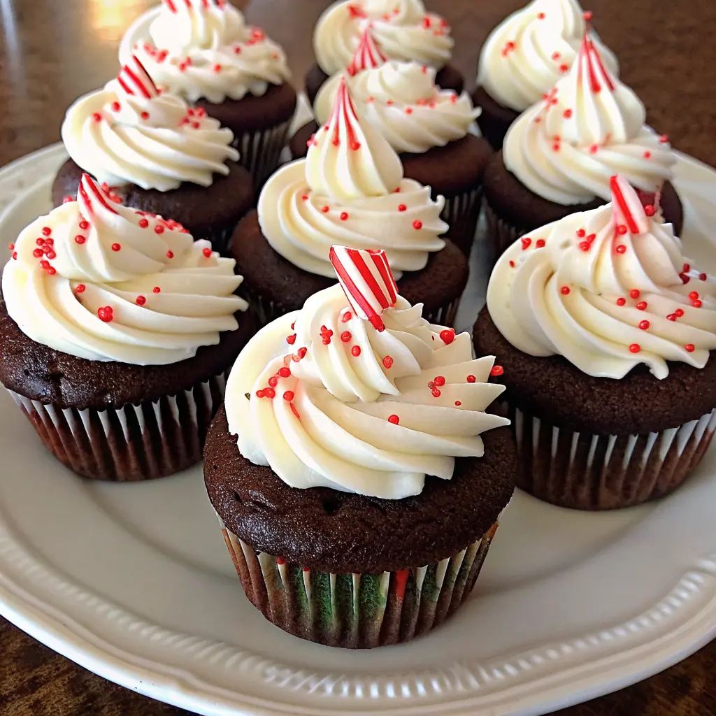 Candy Cane Chocolate Cupcakes topped with peppermint frosting and crushed candy canes