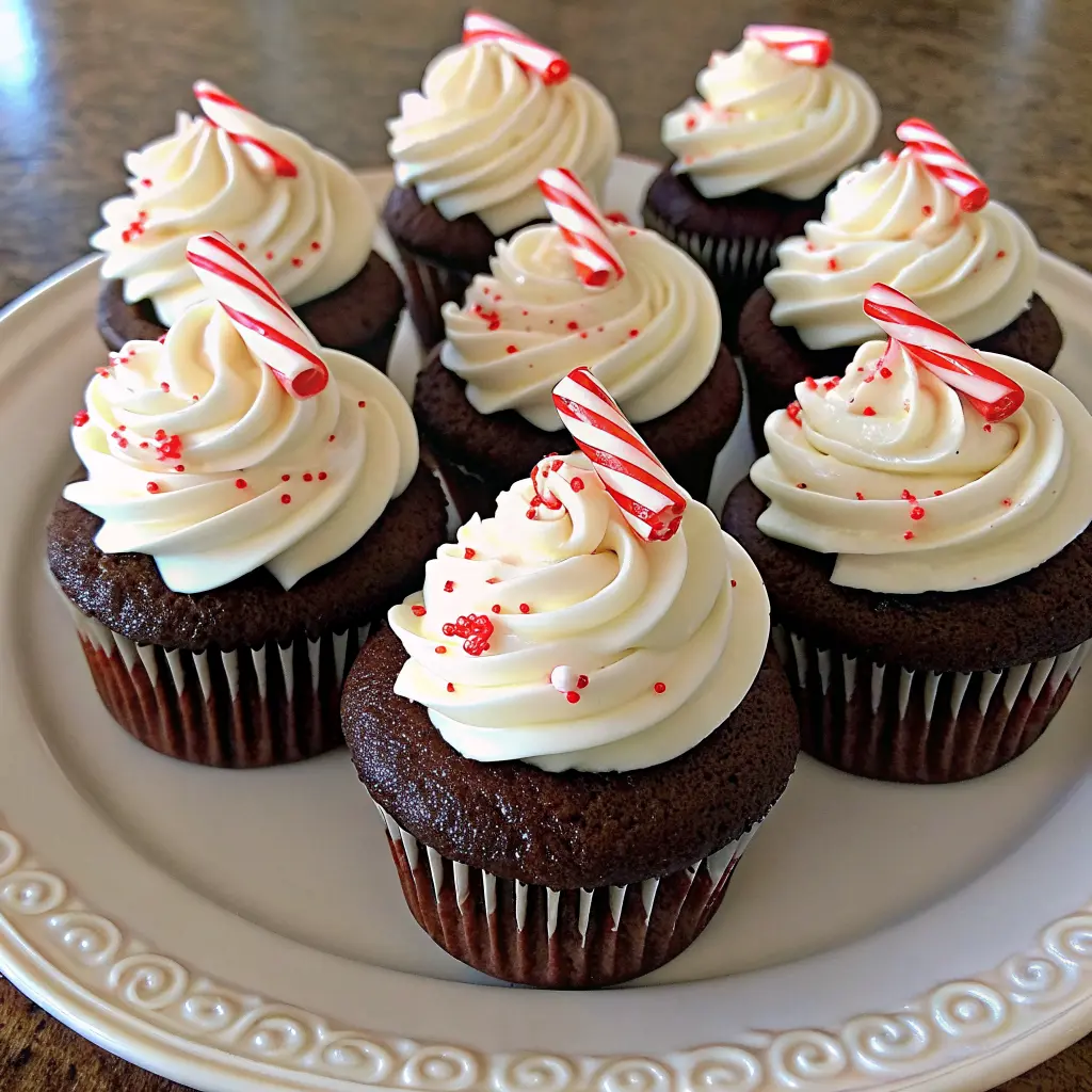 Candy Cane Chocolate Cupcakes topped with peppermint frosting and crushed candy canes