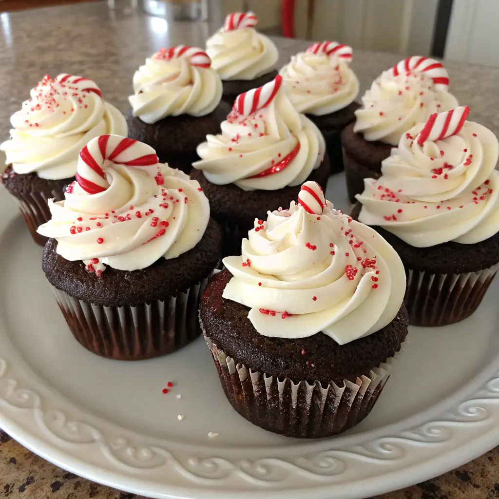 Candy Cane Chocolate Cupcakes topped with peppermint frosting and crushed candy canes