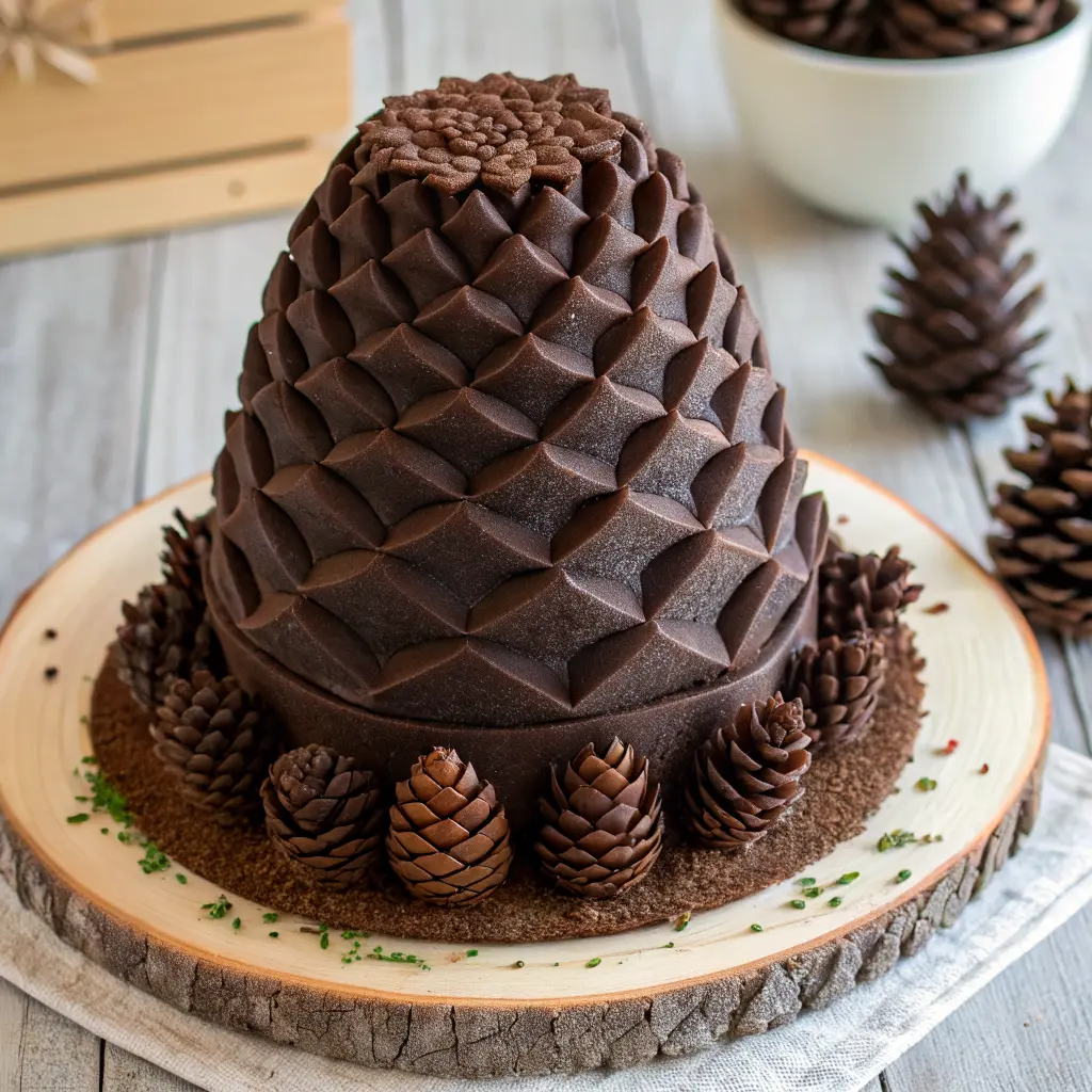 Chocolate pinecone cake decorated with edible pinecones and snowy greenery