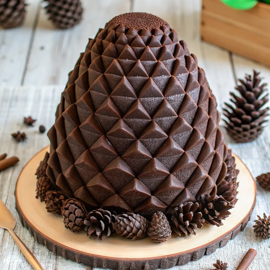 Chocolate pinecone cake decorated with edible pinecones and snowy greenery