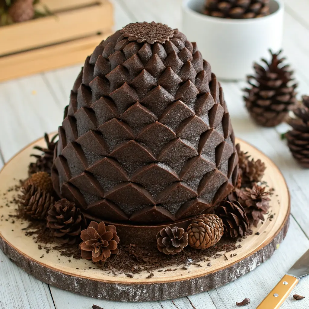 Chocolate pinecone cake decorated with edible pinecones and snowy greenery
