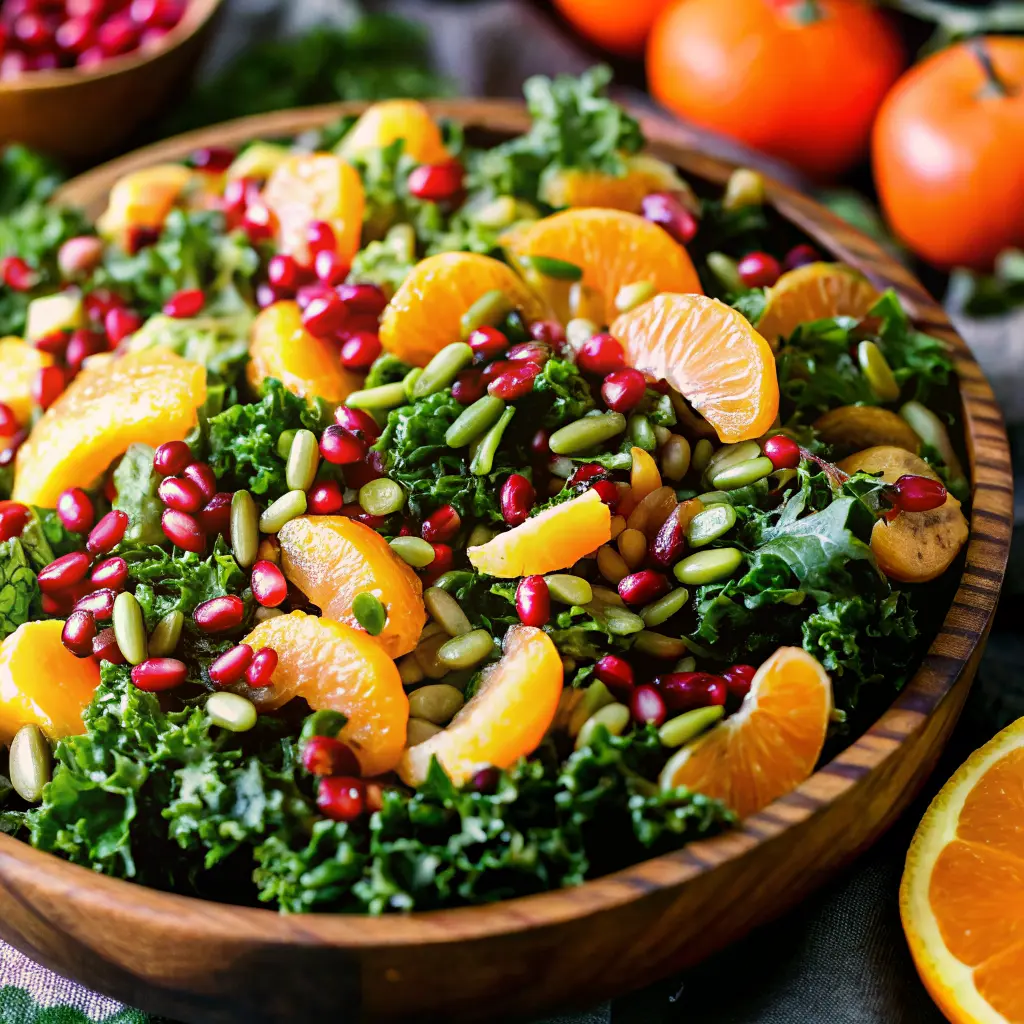 Vibrant citrus pomegranate kale salad with orange segments and pomegranate arils in a white bowl