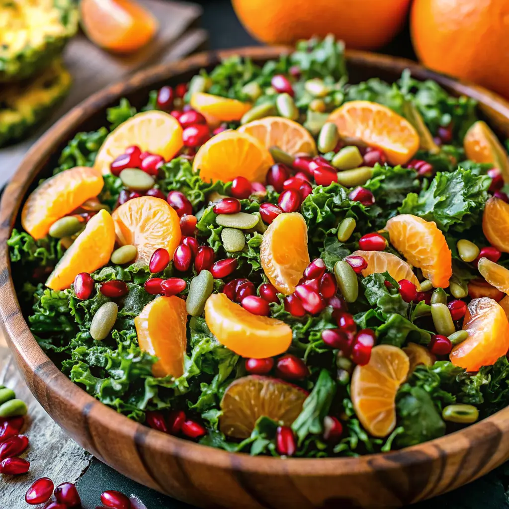 Vibrant citrus pomegranate kale salad with orange segments and pomegranate arils in a white bowl