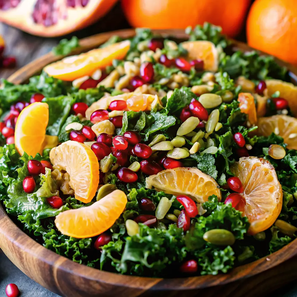 Vibrant citrus pomegranate kale salad with orange segments and pomegranate arils in a white bowl