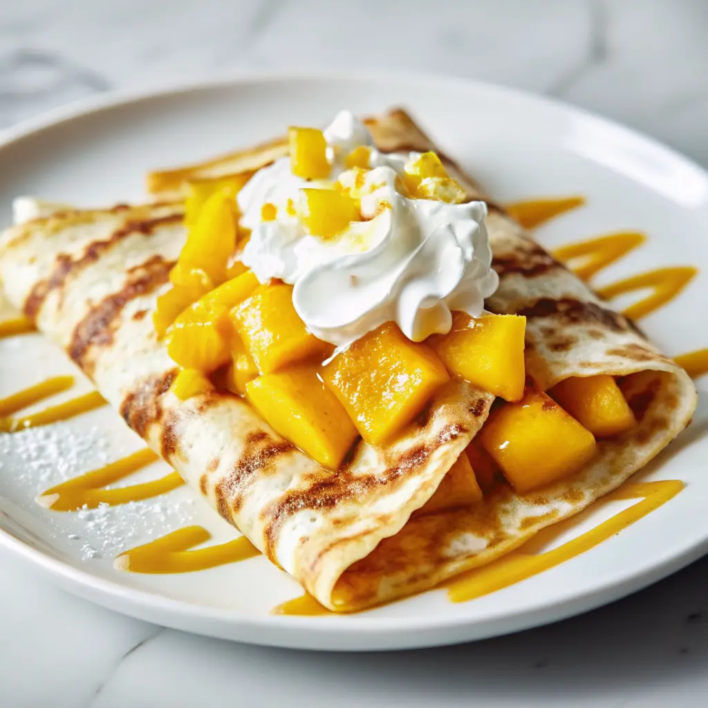Fresh mango crepes rolled with whipped cream and mango slices