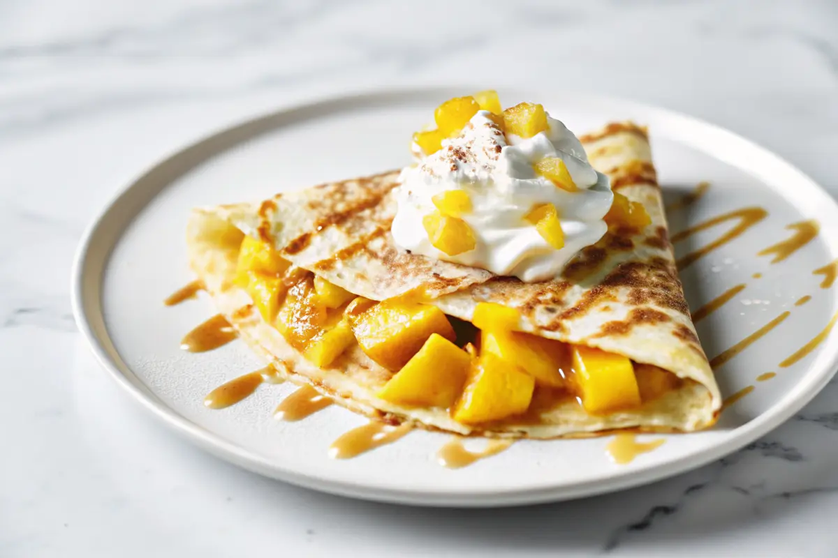 Fresh mango crepes rolled with whipped cream and mango slices