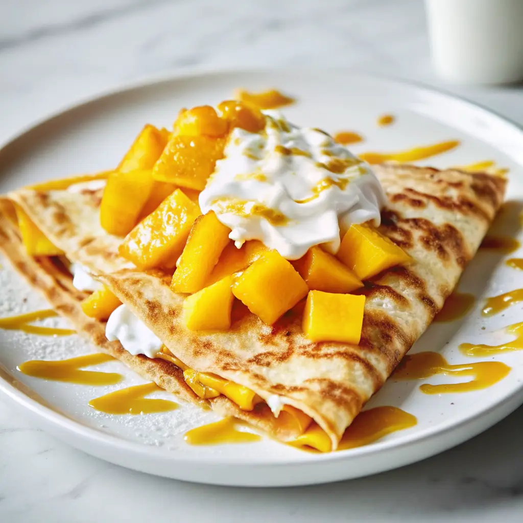 Fresh mango crepes rolled with whipped cream and mango slices