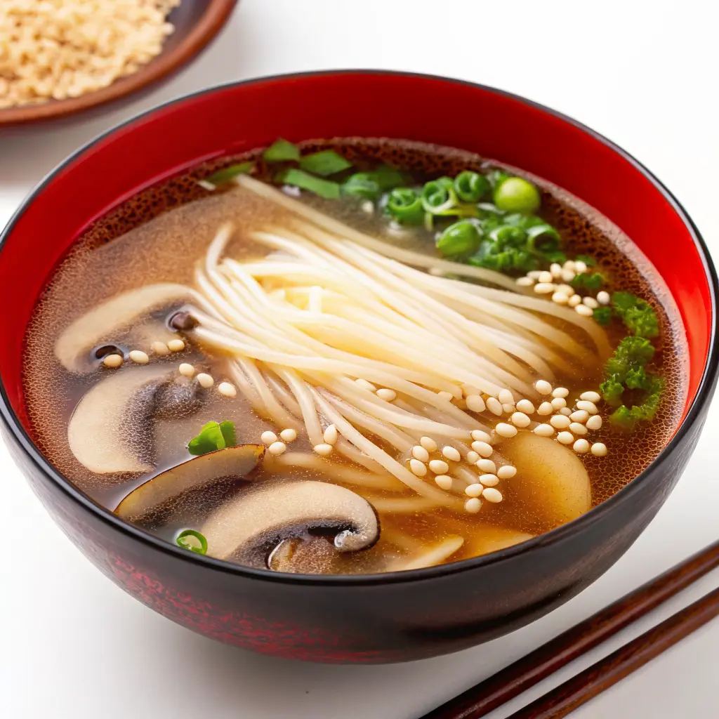 Miso Soup with Enoki Mushrooms and Ground Sesame