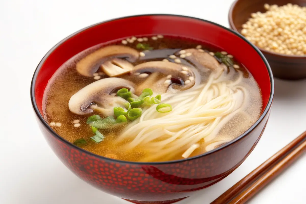 Miso soup with enoki mushrooms and ground sesame in a dark bowl